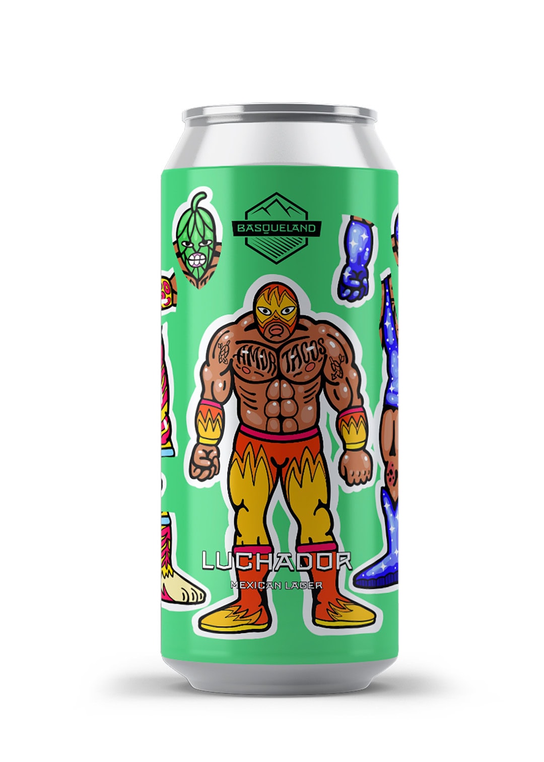 cerveza artesanal premium basqueland luchador mexican lager classic green lata 440ml diseño marcos navarro