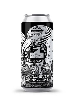 cerveza artesanal premium basqueland you ll never drink alone west coast india pale ale lata ilustración marcos navarro