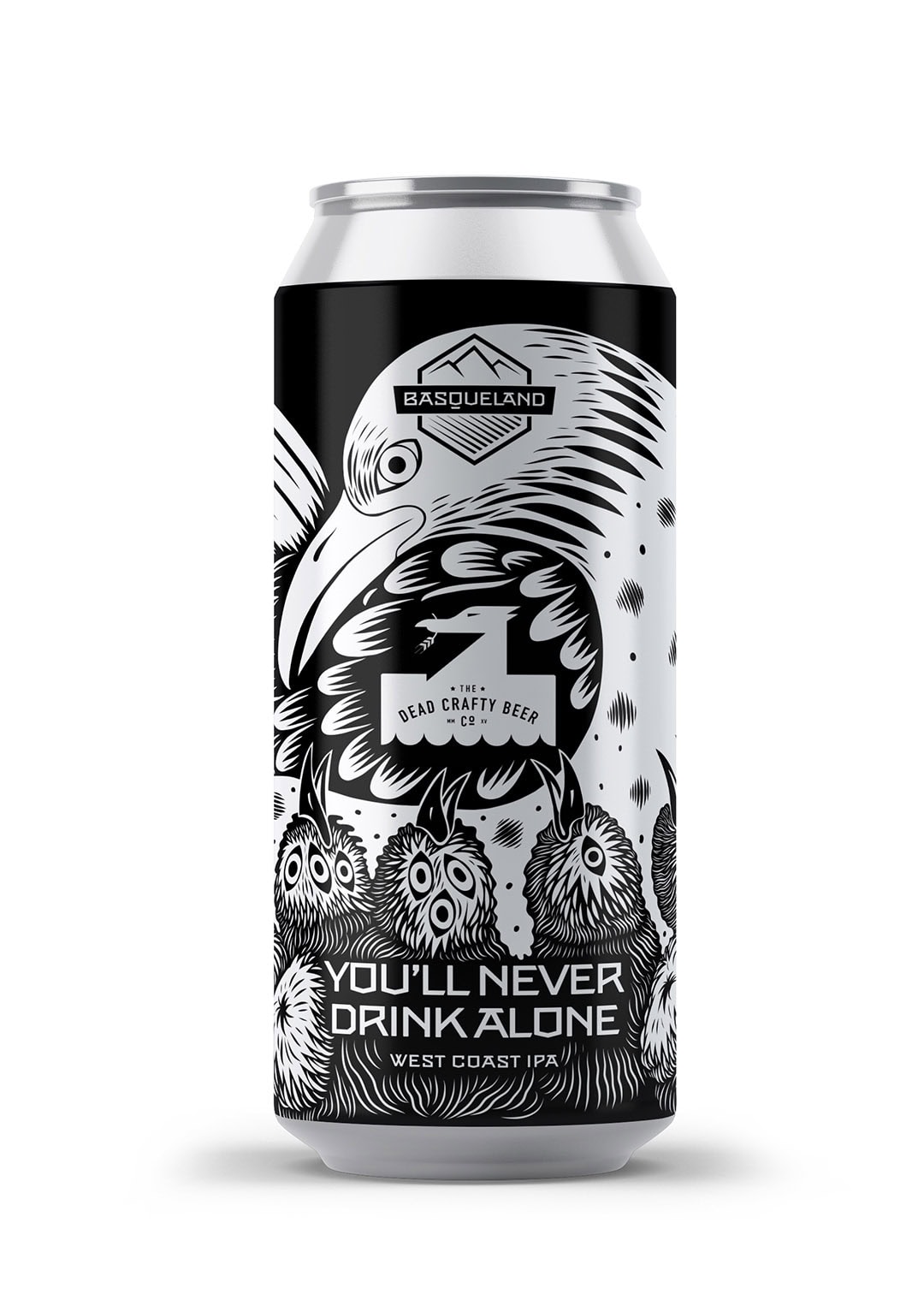 cerveza artesanal premium basqueland you ll never drink alone west coast india pale ale lata ilustración marcos navarro